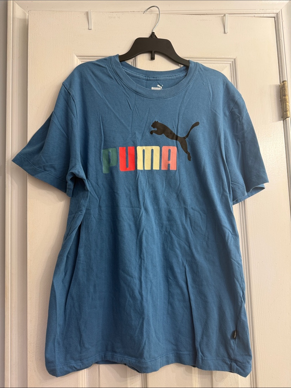 Puma Teal Blue Short Sleeve Tee with Multicolor Lettering and Black Cat Logo